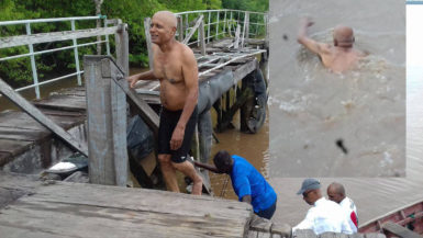 Ashraf Ally after and during his swim across the Berbice River, which he completed in under 40 minutes