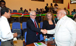Former president Donald Ramotar (right) at the launch of the MSED Project  