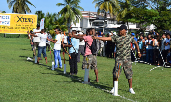 Archers shooting their ends of six arrows during the preliminary round last Saturday afternoon at the Heritage Games. 