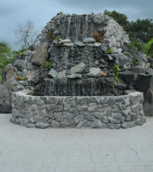 A recently built waterfall in the Botanical Gardens