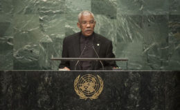 President David Granger addressing the UN General Assembly yesterday (UN photo)