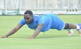 Uncapped Kesrick Williams goes through his paces in training with the West Indies team here this week. (Photo courtesy WICB Media) 