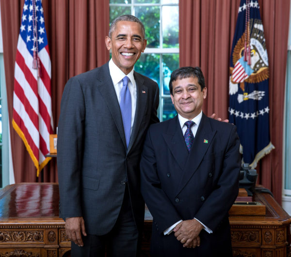 US President Barack Obama (left) with Guyana’s Ambassador Dr Riyad Insanally (Ministry of Foreign Affairs photo)