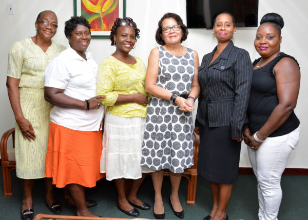 First Lady, Mrs. Sandra Granger (third from right) met with ushers of the National Cultural Centre to discuss possible support for the elderly care group.  (Ministry of the Presidency photo)