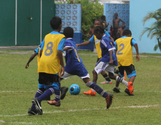 Stella Maris forwards (blue) on the attack against the Rama Krishna (yellow) defenders during their matchup in the fifth edition of the annual Court's Pee-Wee Primary Schools football Championship at the Thirst Park ground