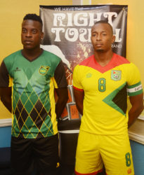 Guyana’s Chris Nurse, right and Jamaica’s Jevaughn Watson are hoping for an exciting encounter between the two sides today. (Orlando Charles photo)
