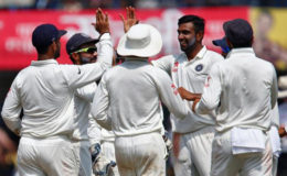 India’s Ravichandran Ashwin celebrates the wicket of New Zealand’s Ross Taylor – not in picture. (Reuters photo)