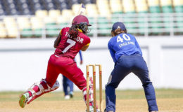 West Indies Women captain Stafanie Taylor cuts en route to her top score of 56 in the second ODI against England Women on Monday. (Photo courtesy WICB Media) 