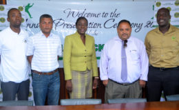 Minister of Sports Nicolette Henry is flanked by officials of the Guyana Cricket Board at the launch of the National Secondary Schools Cricket League at the Georgetown Cricket Club yesterday. (Orlando Charles photo)
