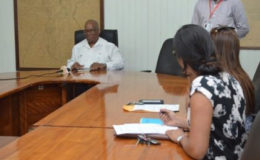 Minister of Finance Winston Jordan (left) meeting with representatives of the Georgetown Chamber of Commerce and Industry as part of 2017 Pre-Budget consultations (GINA photo)