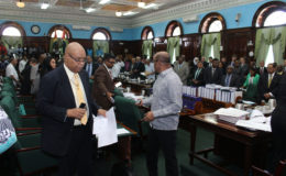Opposition Leader Bharrat Jagdeo (right) leading the walkout yesterday.