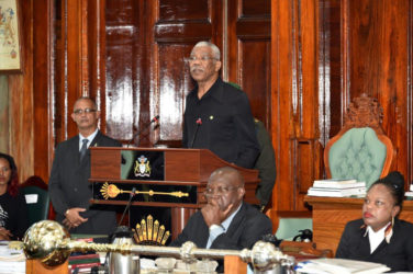 President David Granger addressing Parliament yesterday (Ministry of the Presidency photo)