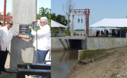 The new
Ba-gotville sluice. Inset
is Minister Holder being assisted by Regional Chairman of Region 3, Julius Faeber, in unveiling the plaque to mark the commissioning of the sluice

