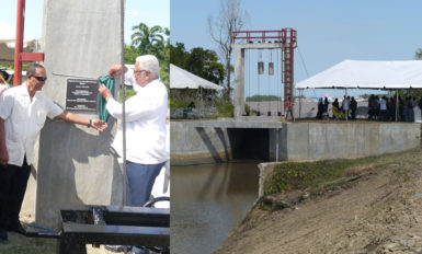 The new Ba-gotville sluice. Inset is Minister Holder being assisted by Regional Chairman of Region 3, Julius Faeber, in unveiling the plaque to mark the commissioning of the sluice 