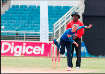 Natalie Sciver, who made 58 when England batted,   sends down a delivery under the eye of umpire Nigel Duguid during the third One-day International between West Indies Women and England Women yesterday at Sabina Park. Photo by WICB Media/Athelstan Bellamy 