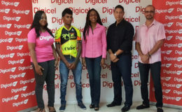 Digicel’s Sponsorship and Events Executive, Louanna Abrams (extreme left) pose for a photo with last year’s senior race winner, Raynauth Jeffrey, Digicel’s Marketing Manager, Jacqueline James and Team Evolution’s Secretary and President, Andrew Arjoon and Keith Fernandes following the launch on Friday.
