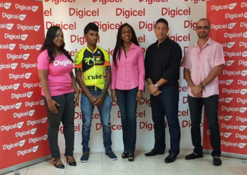 Digicel’s Sponsorship and Events Executive, Louanna Abrams (extreme left) pose for a photo with last year’s senior race winner, Raynauth Jeffrey, Digicel’s Marketing Manager, Jacqueline James and Team Evolution’s Secretary and President, Andrew Arjoon and Keith Fernandes following the launch on Friday. 