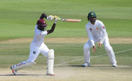 Jermaine Blackwood drives during his top score of 95 on the final day of the second Test against Pakistan in Abu Dhabi. (Photo courtesy WICB Media)