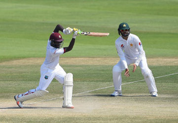 Jermaine Blackwood drives during his top score of 95 on the final day of the second Test against Pakistan in Abu Dhabi. (Photo courtesy WICB Media) 
