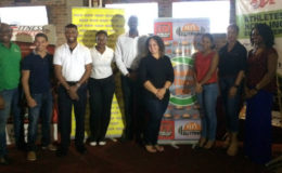 The sponsors and the organizers of the second annual GTM and the Guyana Fitness Games Health and Fitness Games pose for a photo last night following the launch at the 704 Sports Bar. The two-day event will be held at the Cliff Anderson Sports Hall starting from November 5. 
 
