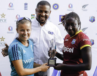 A beaming WICB president Dave Cameron, poses with Players-of-the-Series England’s Alex Hartley and West Indies’ Stafanie Taylor, following the five-match ODI series recently. (Photo courtesy WICB Media) 