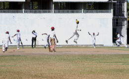 East Ruimveldt celebrate the fall of a Lodge Secondary wicket, during their second round clash in the South Georgetown Zone of the 2016 GCB/NSSCL at Bourda yesterday. Lodge won the match. (Photo by Orlando Charles)