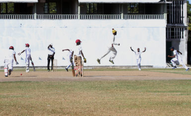 East Ruimveldt celebrate the fall of a Lodge Secondary wicket, during their second round clash in the South Georgetown Zone of the 2016 GCB/NSSCL at Bourda yesterday. Lodge won the match. (Photo by Orlando Charles)
