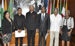 From left are Carol Corbin, Sukrishnalall Pasha, President David Granger, Ivor English, Nanda Kishore Gopaul and Emily Dodson at the Ministry of the Presidency yesterday after the swearing in ceremony. (Ministry of the Presidency photo)
