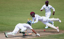 Wicketkeeper Shane Dowrich attempts to stump Younis Khan during the opening day of the final Test against Pakistan. (Photo courtesy WICB Media)
