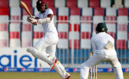 Opener Kraigg Brathwaite gathers runs through the on-side during his unbeaten 95 on the second day of the final Test against Pakistan. (Photo courtesy WICB Media)