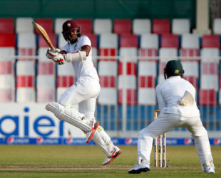 Opener Kraigg Brathwaite gathers runs through the on-side during his unbeaten 95 on the second day of the final Test against Pakistan. (Photo courtesy WICB Media)  