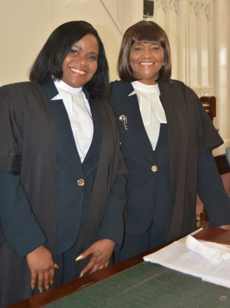 New Attorney Anastasia Nicola Sanford was admitted to the bar yesterday by Chief Justice Yonette Cummings-Edwards after her petition was presented by her mother, Attorney Gem Sanford-Johnson, who is President of the Guyana Bar Association. Sanford, well known in the local arts community as a dancer, singer and actress, had also served as her mother’s clerk for years before pursuing legal studies. While at the Hugh Wooding Law School, she was awarded the Justice Sandra Paul Alternative Dispute Resolution (ADR) Prize as one of two students who best mastered the concepts and techniques of the ADR process. She shared that award with Naresh Poonai. In photo: Sanford (left) and her mother stand in court after her admission.   