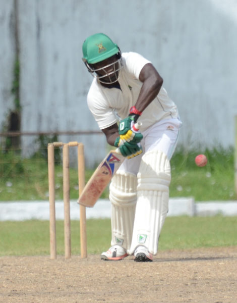 Upper Corentyne’s Anthony Bramble plays a delivery to leg during his innings of 93 yesterday. (Orlando Charles photo)