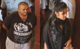 Back in court: In this Keno George composite photo, Barry Dataram (left) and his wife Anjanie Boodnarine at court yesterday to answer three charges including fleeing the jurisdiction.