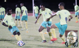 Guyana’s national football team the Golden Jaguars yesterday stepped up training ahead of their upcoming Caribbean Football Union Scotiabank Caribbean men’s Cup clash with arch rivals Suriname in Suriname on Saturday. The team last night had an intensive practice session under head coach Jamaal Shabazz (inset) as they prepare for clashes against Suriname and then Jamaica. Above some of the players going through their paces. (Orlando Charles photo)