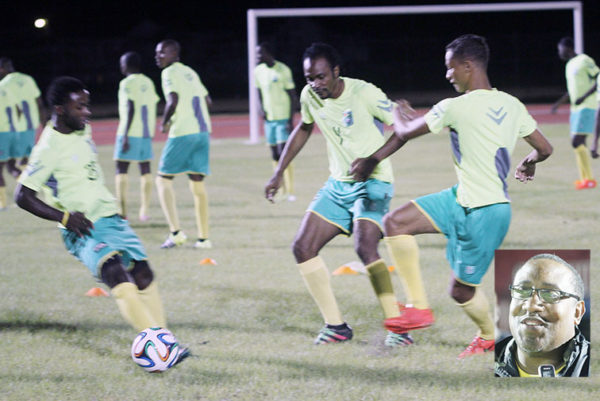 Guyana’s national football team the Golden Jaguars yesterday stepped up training ahead of their upcoming Caribbean Football Union Scotiabank Caribbean men’s Cup clash with arch rivals Suriname in Suriname on Saturday. The team last night had an intensive practice session under head coach Jamaal Shabazz (inset) as they prepare for clashes against Suriname and then Jamaica. Above some of the players going through their paces. (Orlando Charles photo)