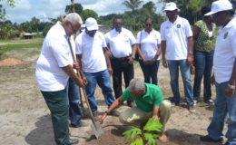 President David Granger planting a tree at Iwokrama yesterday in observance of National Tree Day, at which he plugged the greening of Guyana. National Tree Day 2016 was held under the theme, ‘Sustaining Biodiversity: Plant a Tree’.