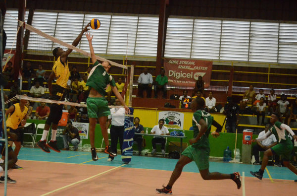 Volleyball action between defending champs Guyana and Suriname on yesterday’s opening day of the 2016 Inter Guiana Games  played at the National Gymnasium.