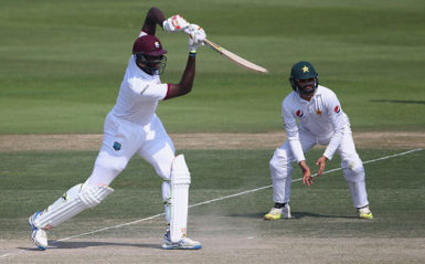 Captain Jason Holder drives attractively during his unbeaten knock of 31 yesterday. (Photo courtesy of WICB media)