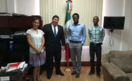 Representatives of the Society Against Sexual Orientation Discrimination (SASOD) met with the Mexican Ambassador to Guyana and Permanent Representative to the Caribbean Community (Caricom) Ivan Roberto Sierra Medel and his Deputy Chief-of-Mission, Rocio Maciel, on Thursday at the Mexican Embassy in Georgetown. According to a SASOD statement, they discussed the state of human rights for lesbian, gay, bisexual and transgender (LGBT) people in Guyana, and how Mexico can support the Guyanese LGBT human rights movement through cultural initiatives, international exchanges, technical assistance and other areas of cooperation. From left are Deputy Chief-of-Mission Maciel, Mexican Ambassador Medel, SASOD Managing Director Joel Simpson and SASOD Social Change Coordinator Jairo Rodrigues. (Embassy of Mexico Photo)