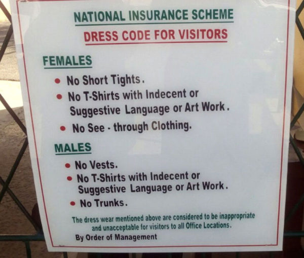 The National Insurance Scheme on Friday, October 14 mounted a  new signboard at its Head Office, Brickdam displaying the revised dress code for persons visiting all office location. (NIS photo)