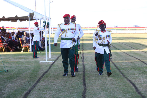 Old Army Chief of Staff Brigadier Mark A Phillips (left) and his replacement Brigadier George A Lewis (right) marching during the Change of Command Parade at Camp Ayanganna yesterday. (Photo by Keno George)