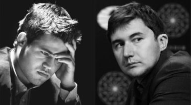 World chess champion Magnus Carlsen (left) and his challenger for the title Sergey Karjakin. It’s the first time two players who have come of age in the computer era are fighting for the title; this represents a generational shift in chess.  