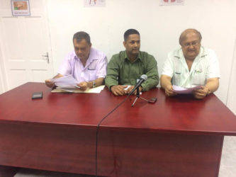 At the press conference from left: CEO of the GPHC Michael Khan, Head of Georgetown Public Hospital Dialysis Unit Dr Kishore Persaud and Chairman of the GPHC Board of Directors Dr Carl Hanoman 