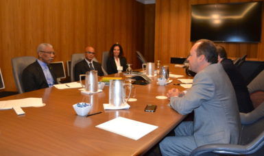 From left to right in background are President David Granger, Head of Conservation International Guyana, Dr. David Singh and Lisa Famolare, Vice President, Amazonia Americas Division of Conservation International during a meeting with Juan Pablo Bonilla, Manager of the Climate Change and Sustainable Development Sector and Graham Watkins, Principal Environmental Specialist at the IDB. (Ministry of the Presidency photo)