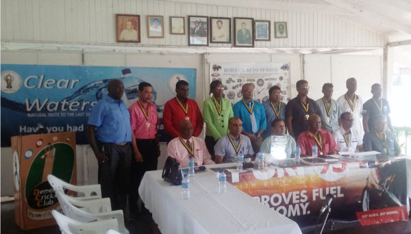 Representatives of the Guyana Floodlight Softball Cricket Association, the major sponsors and the National Sports Commision at yesterday’s launch of the sixth annual Guyana Softball Cup tournament at the Demerara Cricket Club.