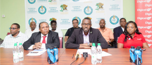 Director of Sports Christopher Jones (centre) addressing the media gathering alongside NSC Chairman Ivan Persaud (left) and Digicel Events and Sponsorship Manager Louana Abrams (right) at the official launch of the 2016 Inter-Guiana Games Championship