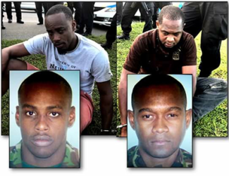 Ex-Special Forces officers Devon Edwards, left, and Steve Douglas, who were held by the Highway Patrol with illegal guns in Charlieville, Chaguanas, yesterday. 