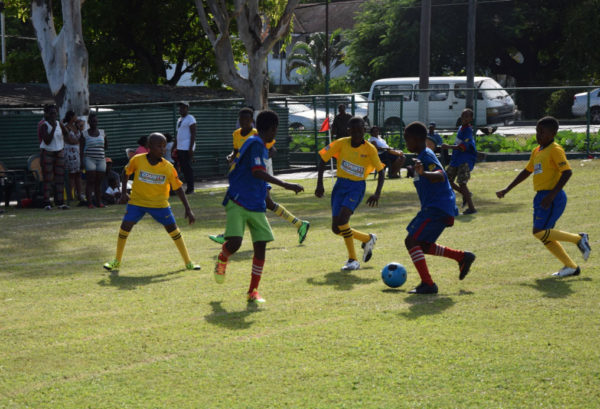 On the attack-J.E. Burnham forwards (blue) making a rare attacking foray into the defensive third of West Ruimveldt during their matchup in the 5th annual Court’s Pee-Wee Primary Schools football championships continued yesterday at Thirst Park.