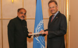 At a ceremony at the Palais des Nations, Geneva, the Ambassador of Guyana to United Nations Organisations (Geneva) Dr. J. R. Deep Ford (left in photo) presented his credentials to Director General Michael Moller.
A release from the Ministry of Foreign Affairs  yesterday said that during the brief exchange they discussed Guyana’s place in the multilateral framework and its role in contributing to the ongoing work in critical areas such as climate change and green economies and human rights.
Prior to his appointment as Ambassador to the United Nations Organisations in Geneva and the Government of Switzerland, Dr. Ford held several senior positions at the United Nations for sixteen years and more recently as the Director of Caribbean Operations for the Food and Agriculture Organisation. The release added that Dr. Ford started his professional career as a lecturer at the University of Guyana and also earlier worked for the Commonwealth Secretariat.In the coming weeks, the Ambassador will present his credentials to the Government of Switzerland which will provide support for the establishment and running of the Guyana Embassy in Geneva. (Ministry of Foreign Affairs photo)